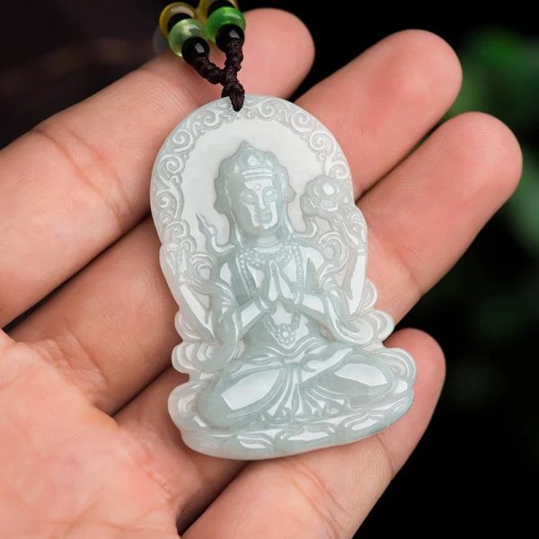 THE VAULT | Natural Myanmar Goddess of Mercy Hand Carved Jadeite Necklace For Sale