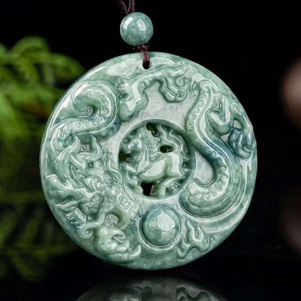 THE VAULT | Natural Dragon Horse Spirit Hand Carved Jadeite Necklace For Sale