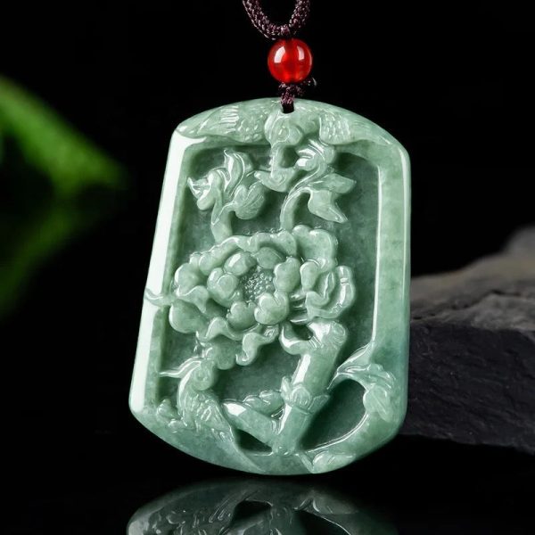 THE VAULT | Natural Magpie Peony Flower Hand Carved Jadeite Necklace Online Sale