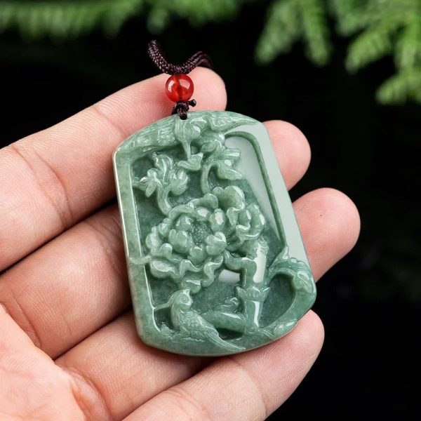 THE VAULT | Natural Magpie Peony Flower Hand Carved Jadeite Necklace Online Sale