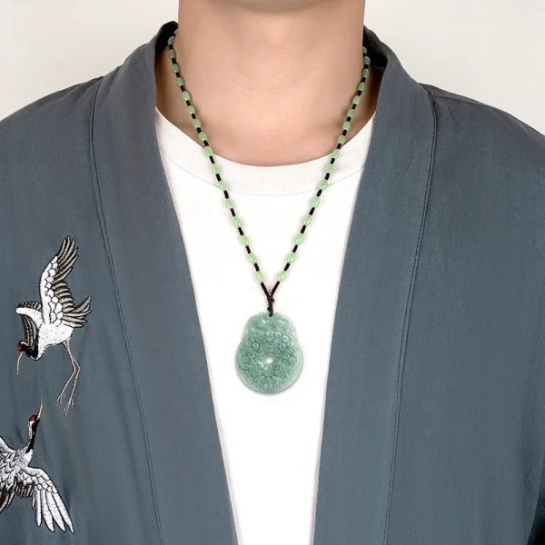 THE VAULT | Natural Bat Ping An Buckle Hand Carved Jadeite Necklace Sale