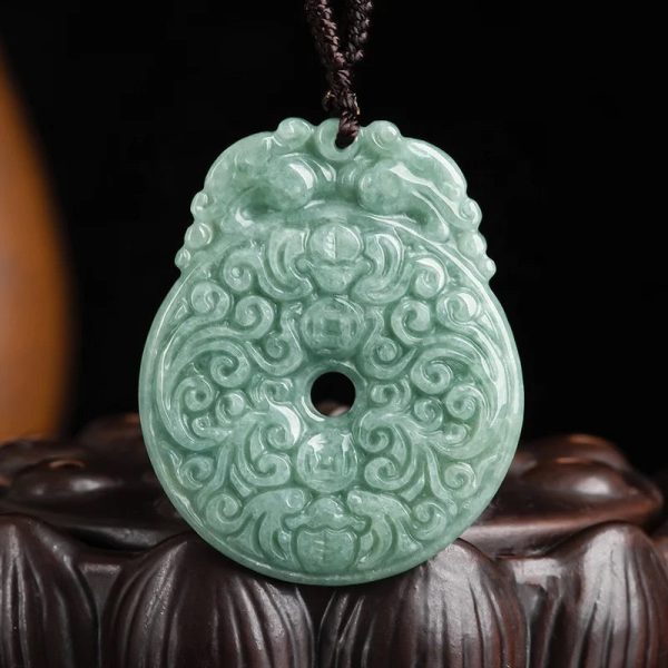 THE VAULT | Natural Bat Ping An Buckle Hand Carved Jadeite Necklace Sale