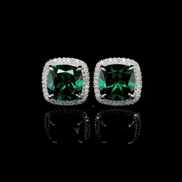 PREORDER | Single Halo Green Emerald Gemstones Diamond Earrings For Sale