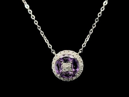 Round Amethyst Paved Pendant Diamond Necklace 18kt Discount