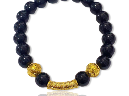 #GOLD2024 | 24kt Gold Tube &  Balls Black Onyx Beads Gemstones Bracelet Sale