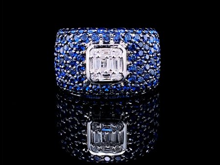 PREORDER | Unisex Square Baguette Blue Sapphire Gemstones Diamond Ring 14kt For Discount