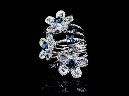 Triple Floral Blue Colored Diamond Ring 14kt Hot on Sale