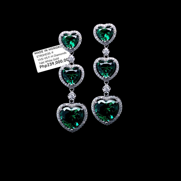 PREORDER | Trinity Heart Green Emerald Dangling Gemstones Diamond Earrings 14kt Online