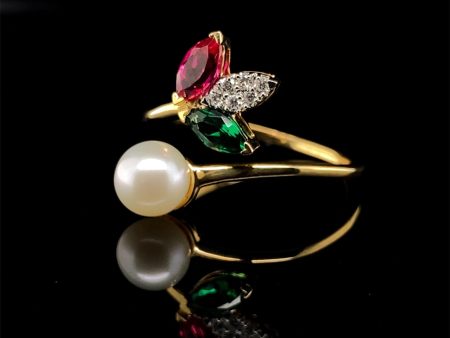 Ruby Emerald Gemstone Pearl Diamond Ring 18kt Online Sale