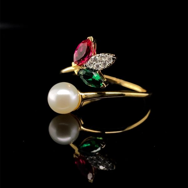 Ruby Emerald Gemstone Pearl Diamond Ring 18kt Online Sale