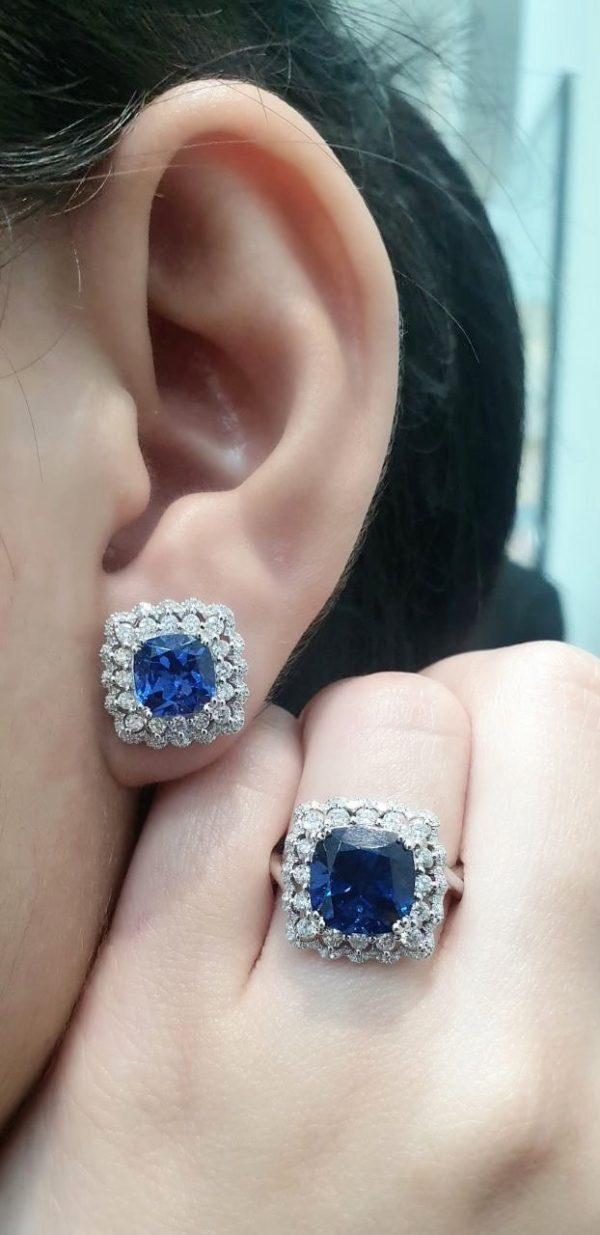 PREORDER | Sapphire Gemstones Diamantes Halo Diamond Jewelry Set 14kt For Discount