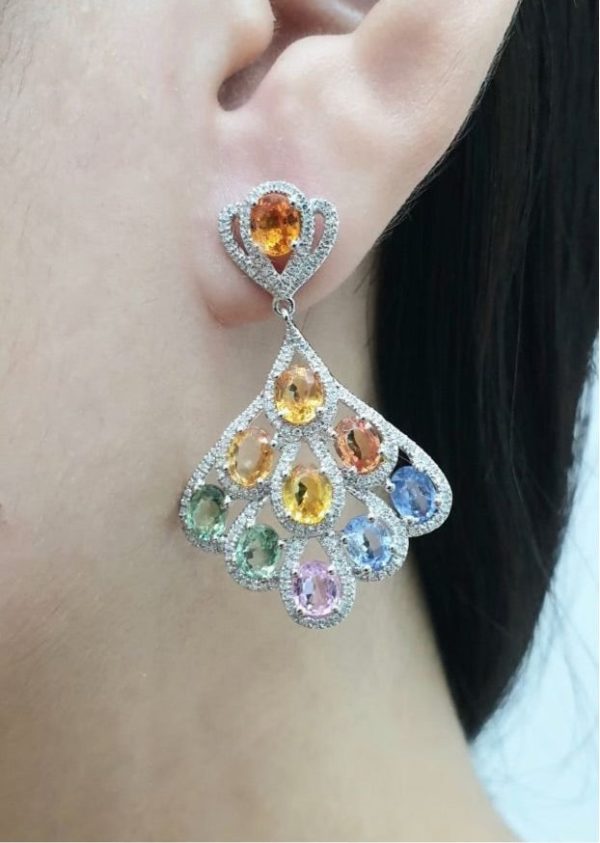 Rainbow Sapphire Gemstones Chandelier Diamond Earrings 14kt Cheap