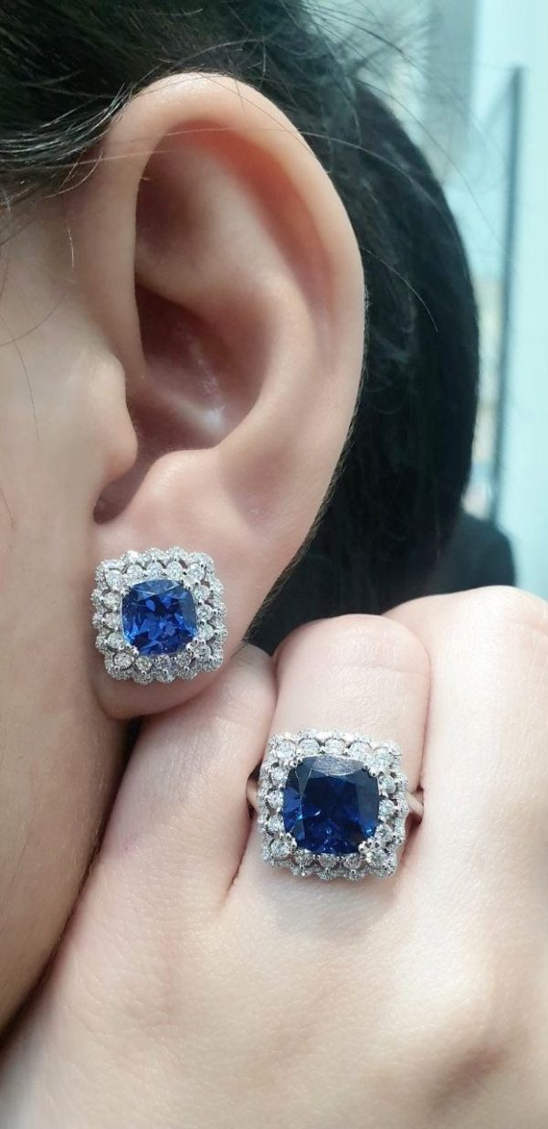 PREORDER | Sapphire Gemstones Diamantes Halo Diamond Jewelry Set 14kt For Discount