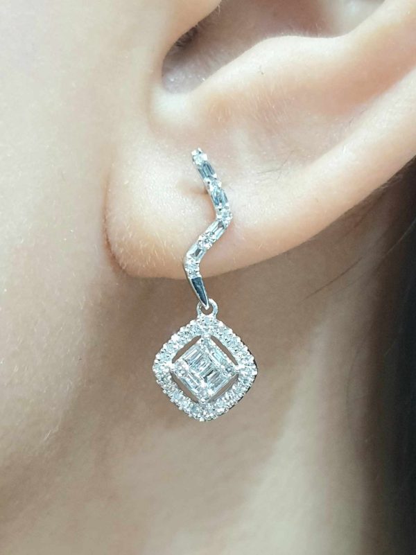 Square Curved Dangling Diamond Earrings 14kt on Sale