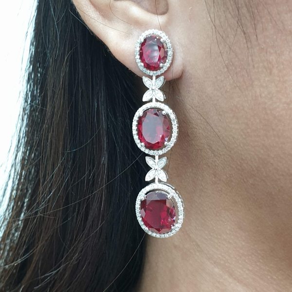 Red Ruby Oval Dangling Gemstones Diamond Earrings 14kt Sale