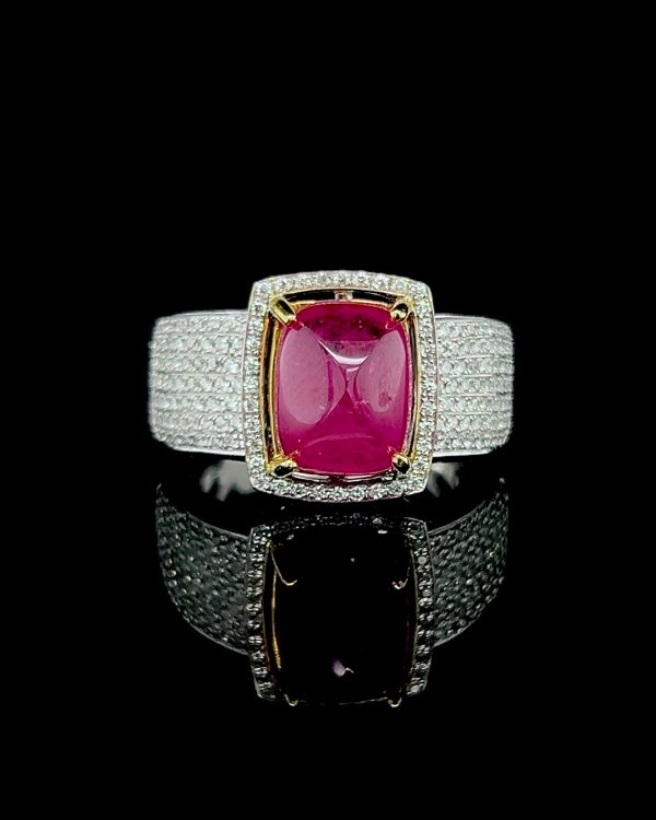 Red Natural Burmese Ruby Cabochon Gemstones Diamond Ring 18kt Discount