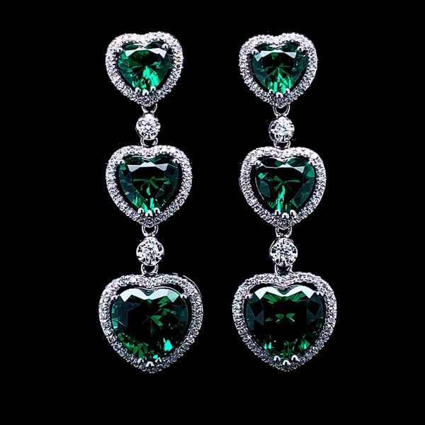 PREORDER | Trinity Heart Green Emerald Dangling Gemstones Diamond Earrings 14kt Online