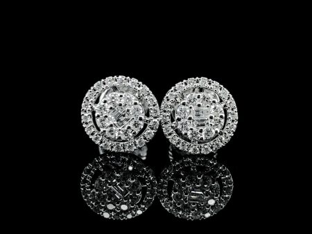 Round Halo Baguette Diamond Earrings 14kt For Discount