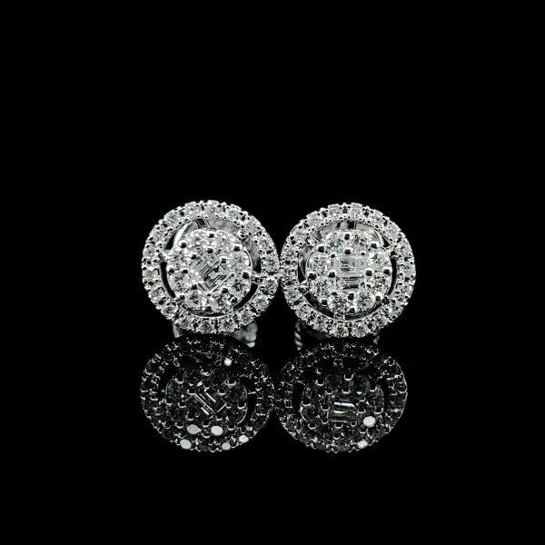 Round Halo Baguette Diamond Earrings 14kt For Discount