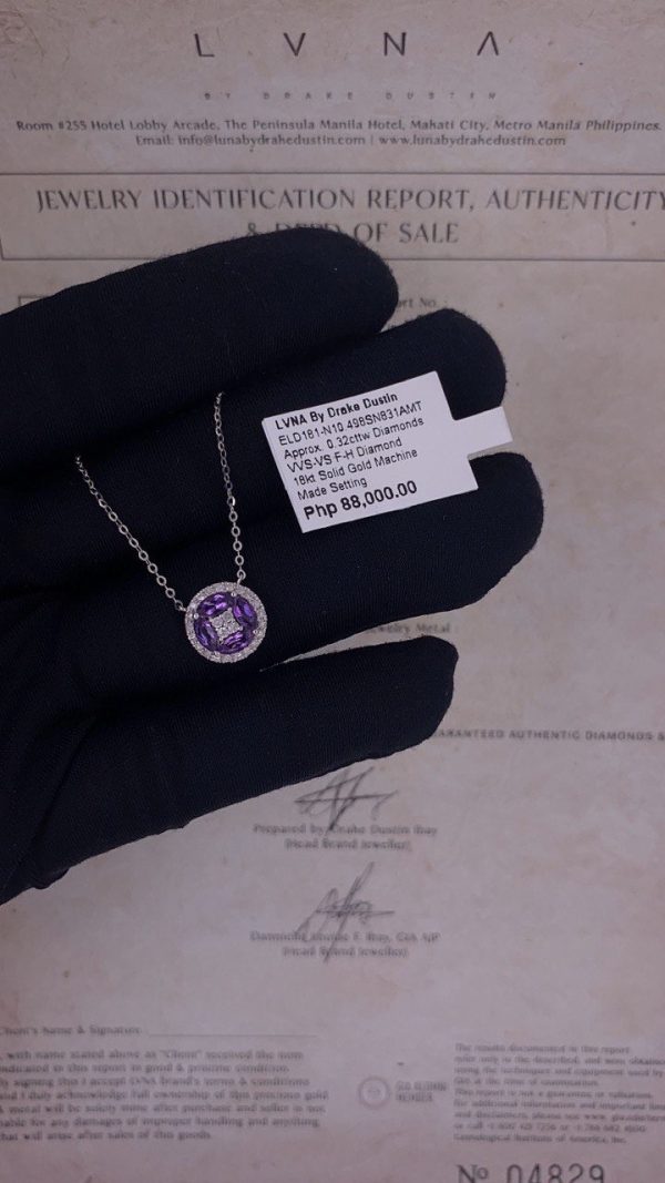 Round Amethyst Paved Pendant Diamond Necklace 18kt Discount