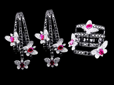 PREORDER | Statement Gemstones Butterfly Claws Deco Pink Rubies Black Diamond Jewelry Set 18kt Fashion