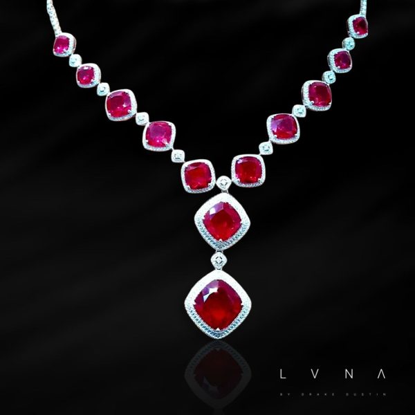 PREORDER | Grand Cushion Red Ruby Gemstones Diamond Necklace 14kt Hot on Sale