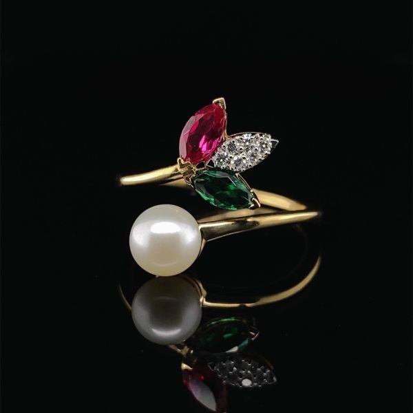 Ruby Emerald Gemstone Pearl Diamond Ring 18kt Online Sale