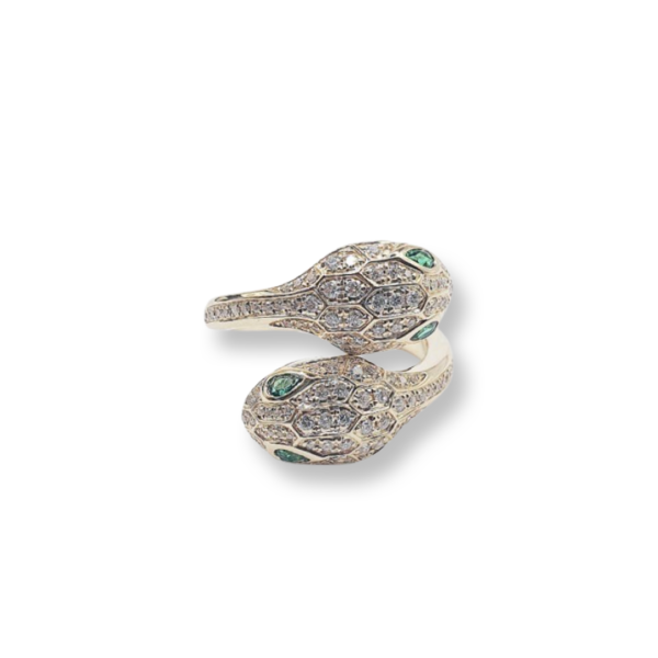 PREORDER | Snake Green Emerald Eyes Paved Band Deco Gemstones Diamond Ring 14kt on Sale