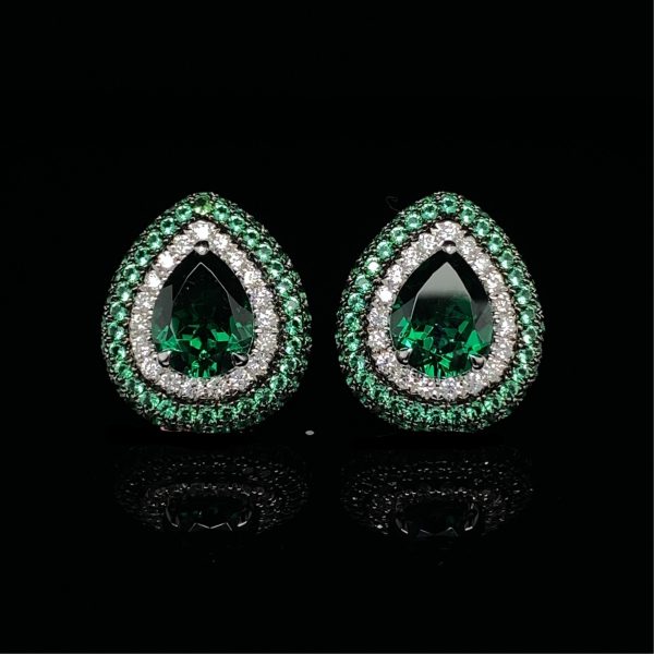 PREORDER | Teardrop Green Emerald Paved Gemstones Diamond Earrings 14kt For Discount