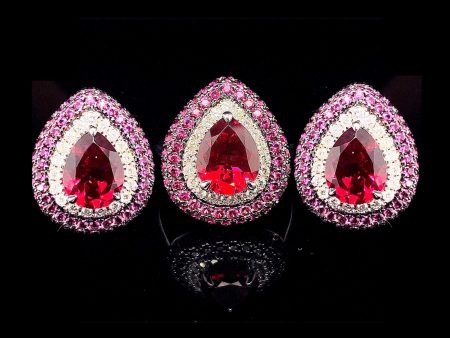 PREORDER | Teardrop Pink & Red Ruby Paved Gemstones Diamond Jewelry Set 14kt Online Hot Sale