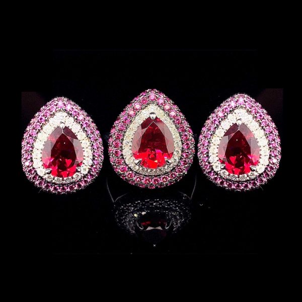 PREORDER | Teardrop Pink & Red Ruby Paved Gemstones Diamond Jewelry Set 14kt Online Hot Sale