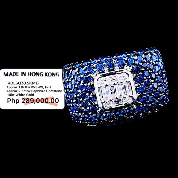 PREORDER | Unisex Square Baguette Blue Sapphire Gemstones Diamond Ring 14kt For Discount