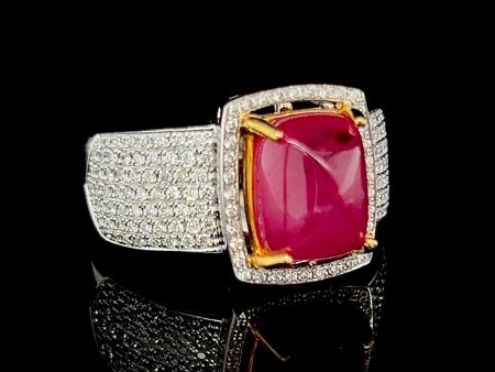 Red Natural Burmese Ruby Cabochon Gemstones Diamond Ring 18kt Discount