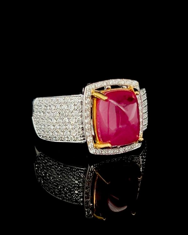 Red Natural Burmese Ruby Cabochon Gemstones Diamond Ring 18kt Discount