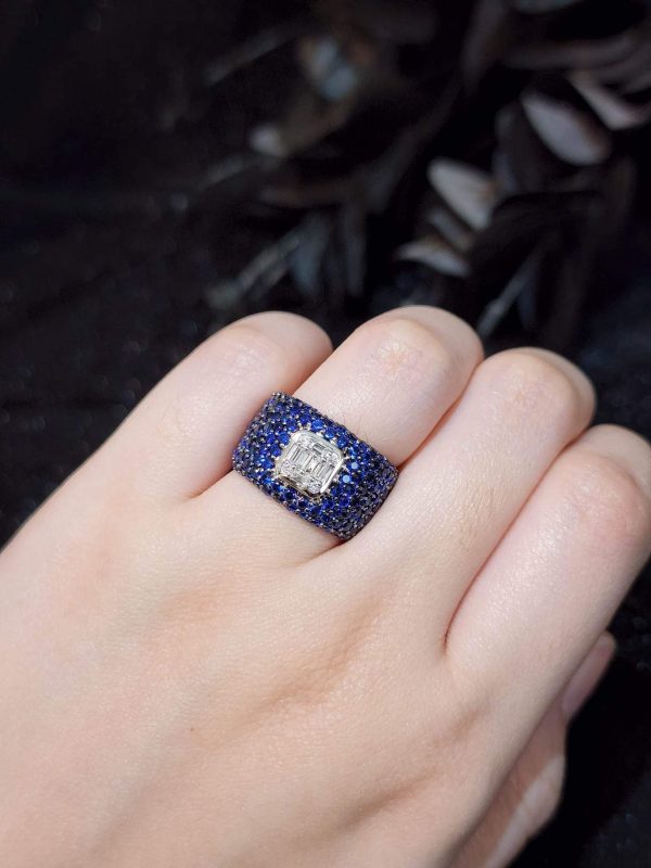 PREORDER | Unisex Square Baguette Blue Sapphire Gemstones Diamond Ring 14kt For Discount