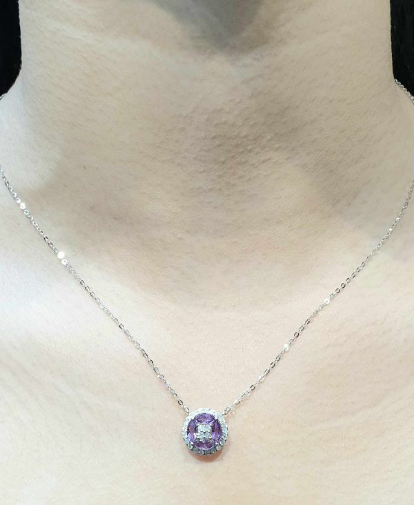 Round Amethyst Paved Pendant Diamond Necklace 18kt Discount