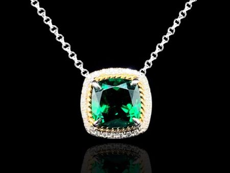 PREORDER | Two-Tone Green Emerald Cushion Gemstones Diamond Necklace 16-18” 18kt For Cheap