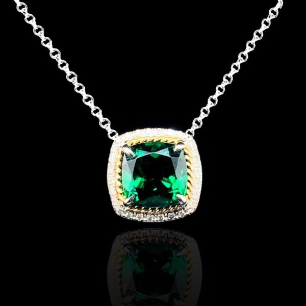 PREORDER | Two-Tone Green Emerald Cushion Gemstones Diamond Necklace 16-18” 18kt For Cheap