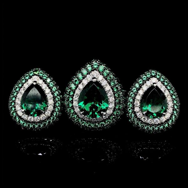 PREORDER | Teardrop Green Emerald Gemstones Paved Statement Diamond Jewelry Set 14kt Sale